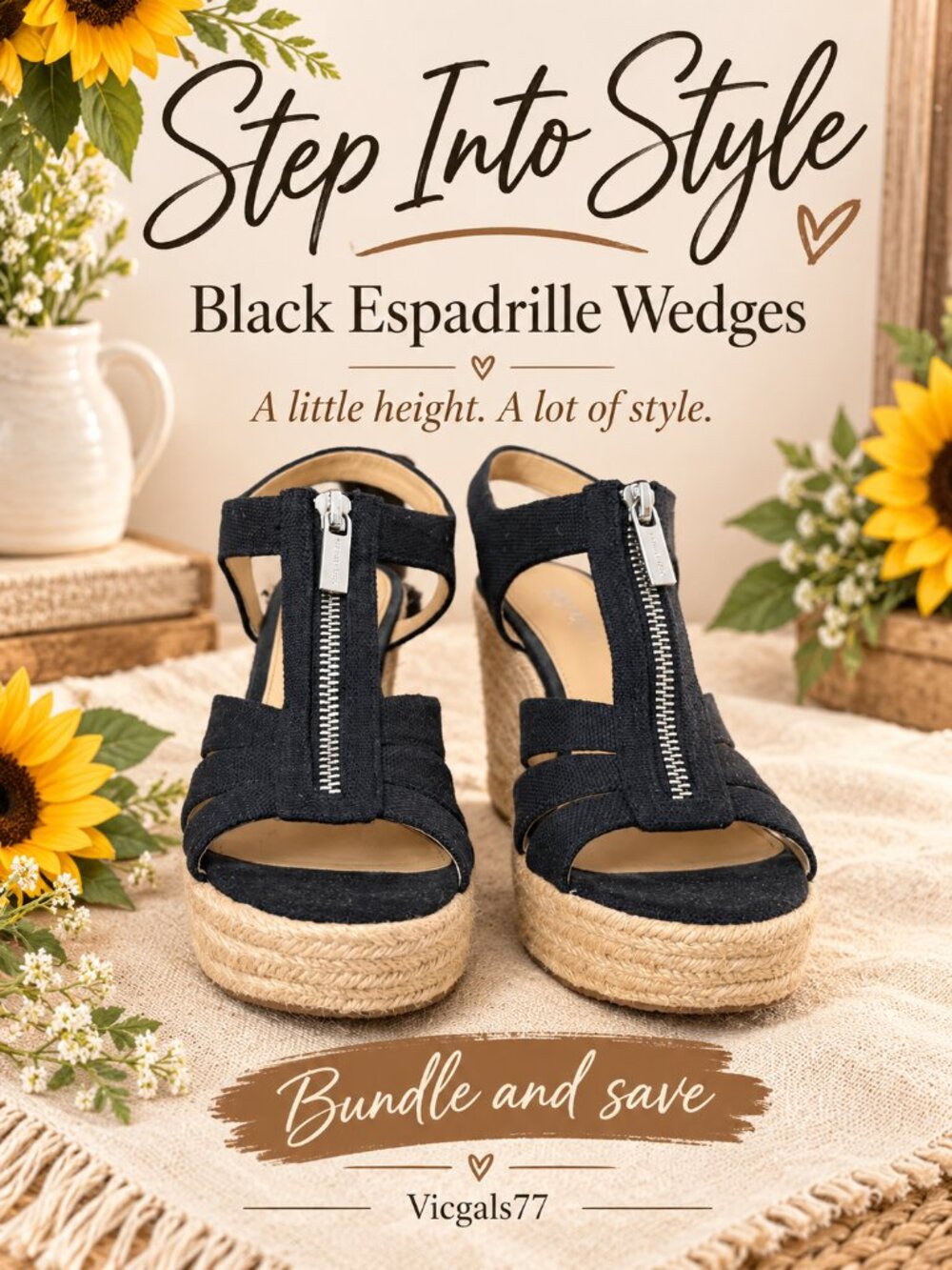 Michael Kors Black Canvas Zip Front Espadrille Wedge Sandals